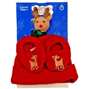 RUDOLPH THE‎ RED-NOSED REINDEER Cap And Slippers Baby 28-35 Lbs. Large 2T-4T